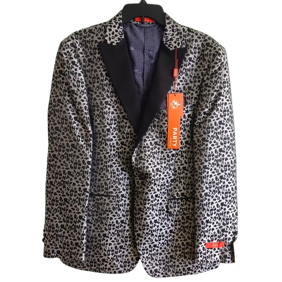 Size Large Tallia Mens Blazer Leopard Print Black Silver NWT Clubwear Formal - Picture 1 of 12